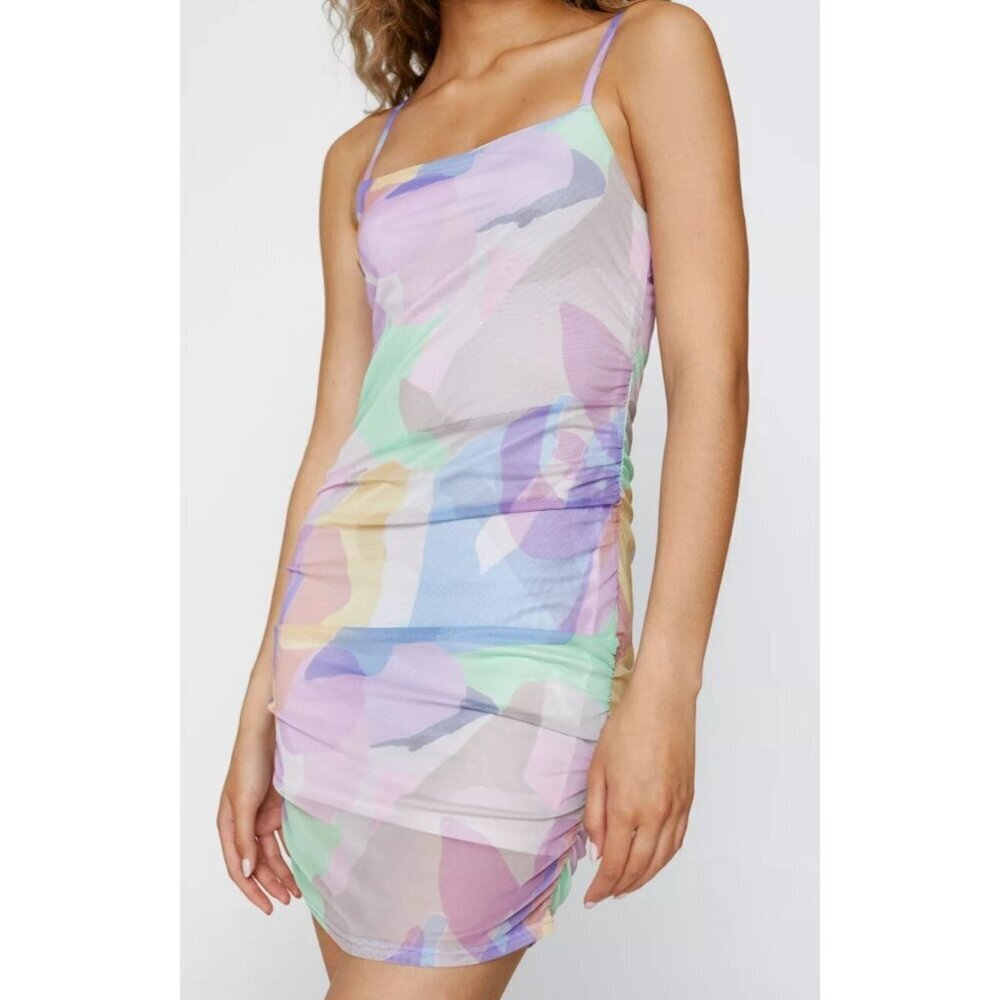 Nasty Gal Bodycon Dress 2 XS Mini Mesh Abstract Pastel Print Strappy Stretch NEW